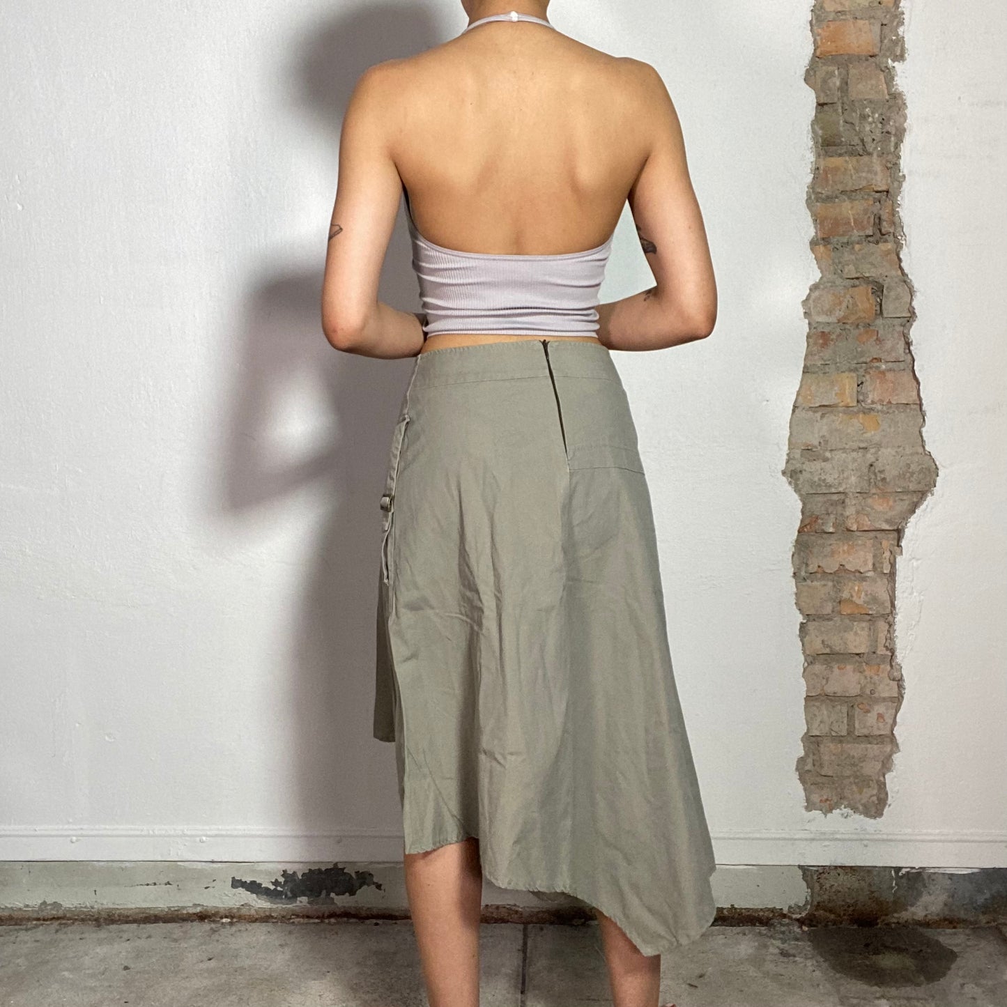 Vintage 90's Grunge Khaki Maxi Skirt with Zipper Detail (S)