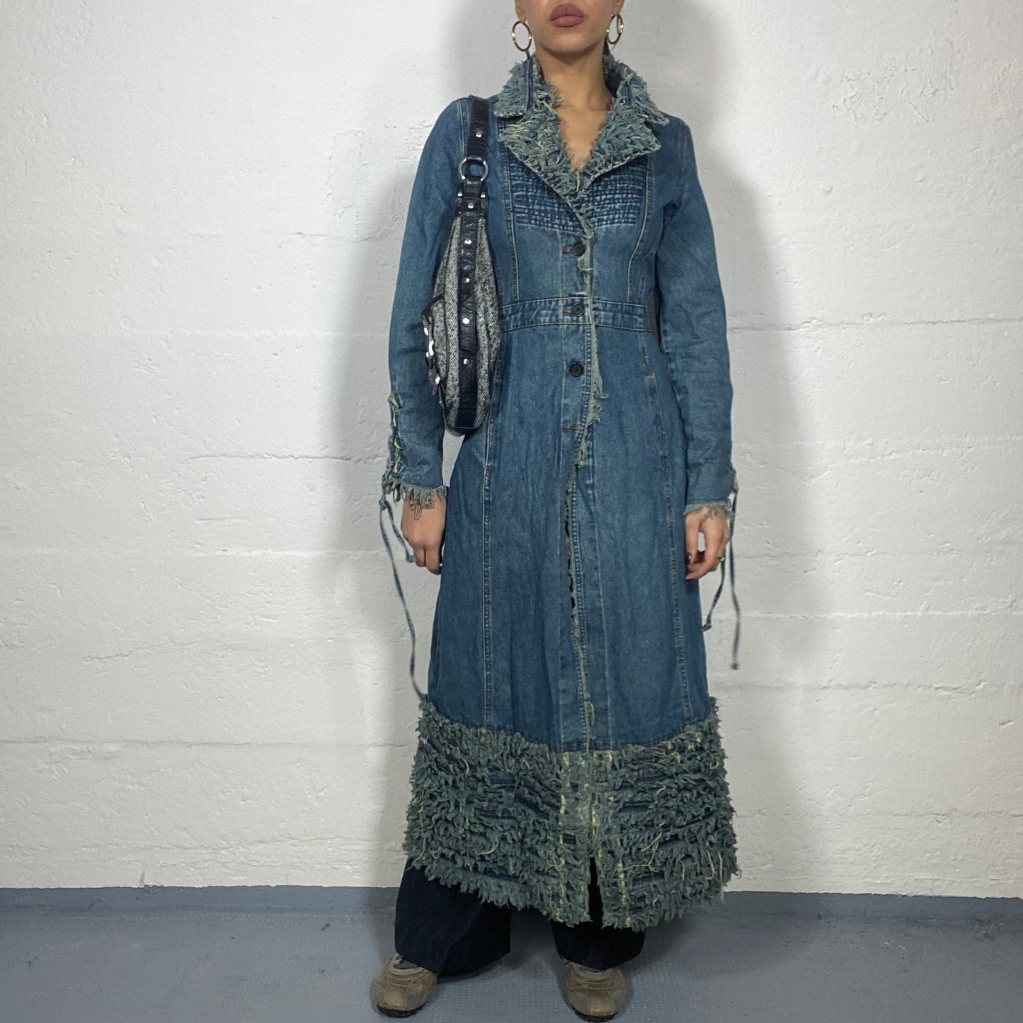 Vintage 2000's Archive Light Denim Long Coat with Raw Denim Fur Detail (S/M)