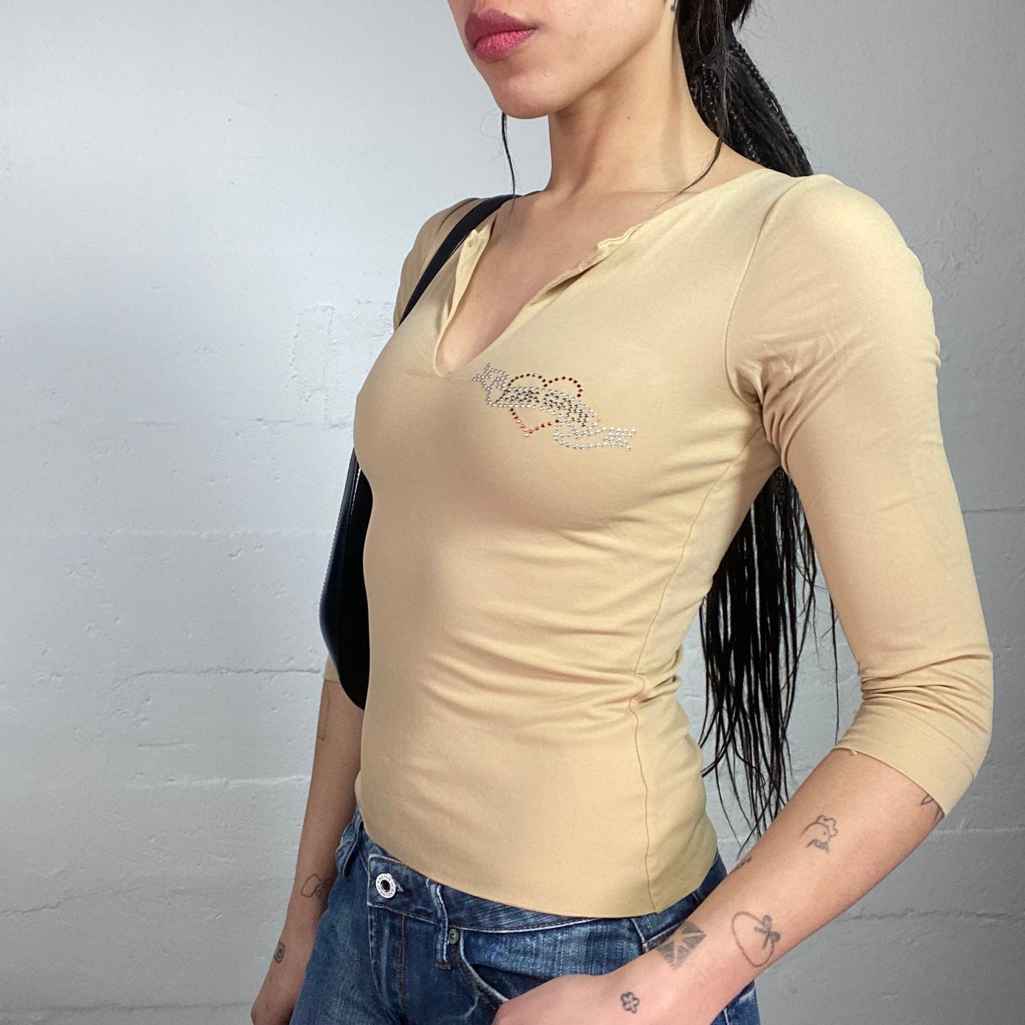 Vintage 2000's Downtown Girl Camel Longsleeve Top with Strass Heart Chest Detail (S)