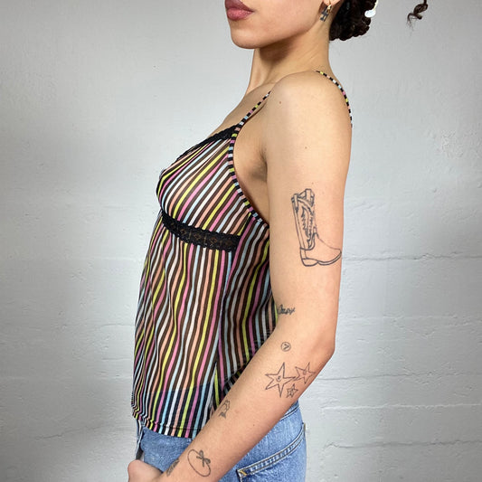 Vintage 2000's Sleaze Multi Colour Cami Top with Stripes Print (S)