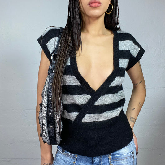 Vintage 2000's Ballet Grey Knitted Top with Stripped Print and Open Neck Detail (S/M)