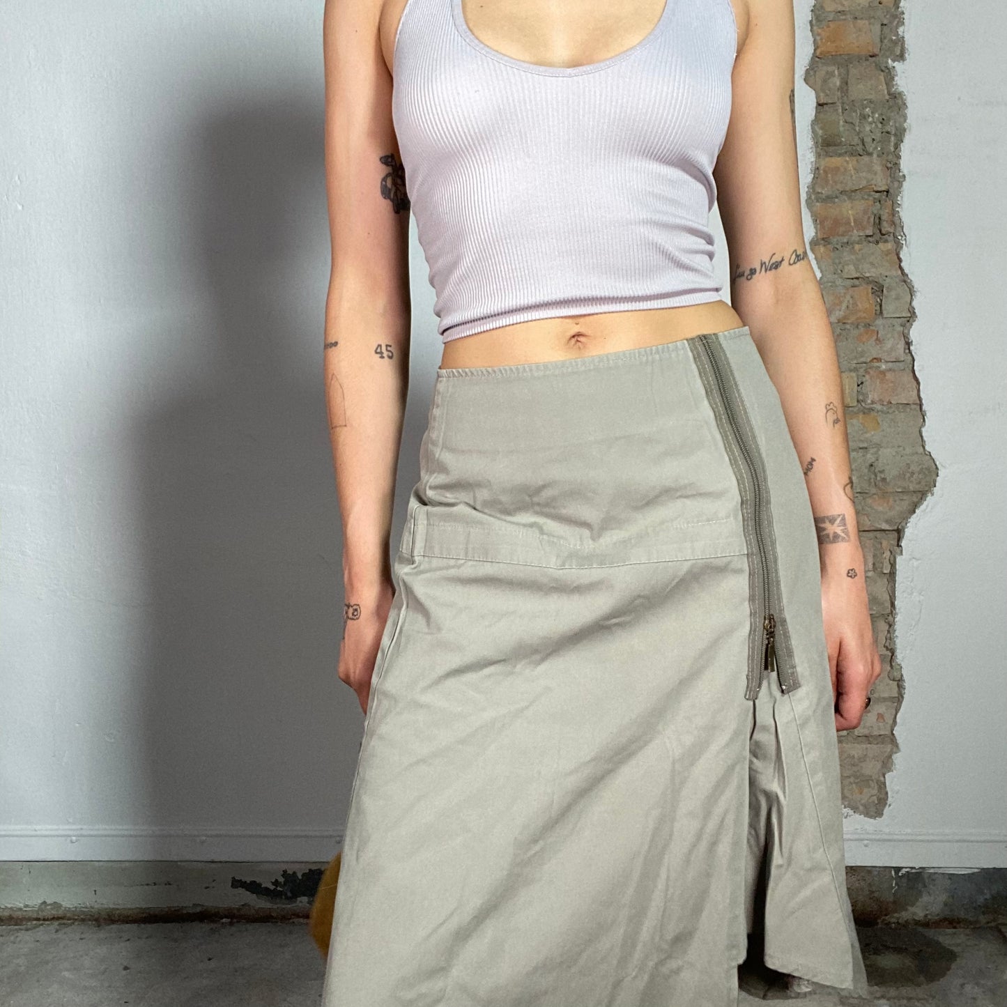 Vintage 90's Grunge Khaki Maxi Skirt with Zipper Detail (S)