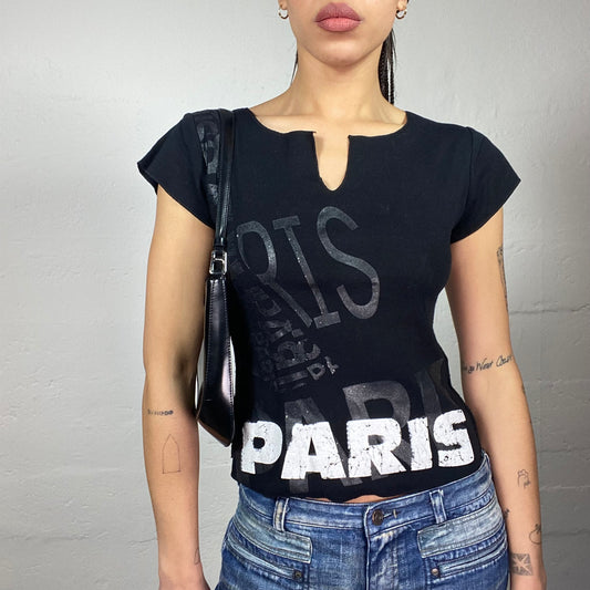 Vintage 2000's Sporty Black Top with "Paris" Print Detail (S)