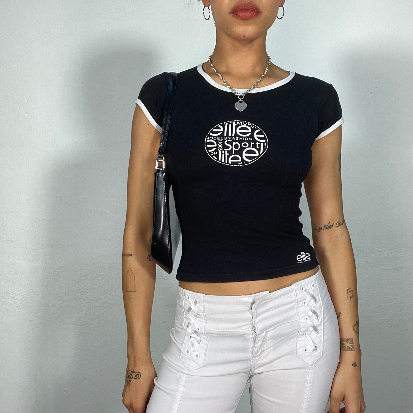 Vintage 90's Skater Balck Baby Tee with White Trim and Circle Writing Print (XS/S)