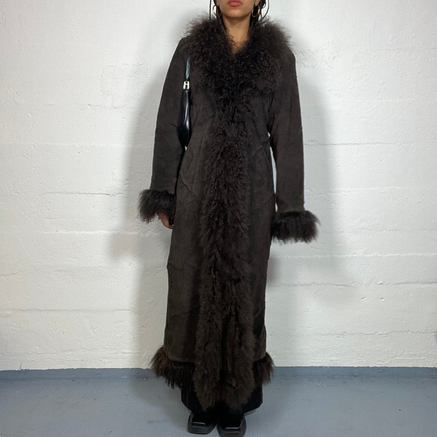 Vintage 2000's Bratz Brown Leather Long Afghan Coat with Puffy Fur Collar and Sleeve Details (S)