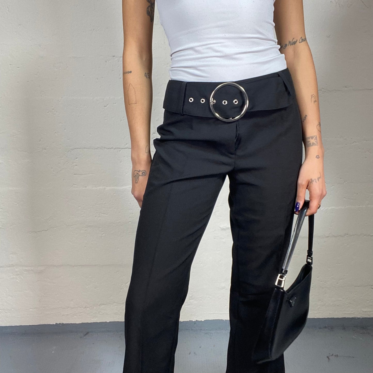 Vintage 2000's Office Black Pants with Round Silver Buckle Detail (S)