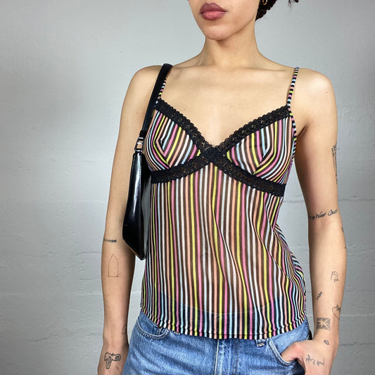 Vintage 2000's Sleaze Multi Colour Cami Top with Stripes Print (S)
