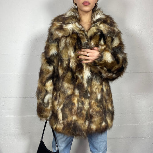 Vintage 90's Mob Wife Brown Mid Faux Fluffy Jacket with Tricolor Detail (M)