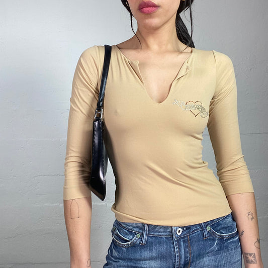 Vintage 2000's Downtown Girl Camel Longsleeve Top with Strass Heart Chest Detail (S)