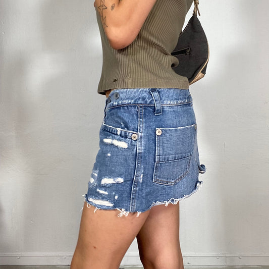 Vintage 2000's Downtown Girl Denim Ripped Mini Skirt with Leather Strap Detail (S)