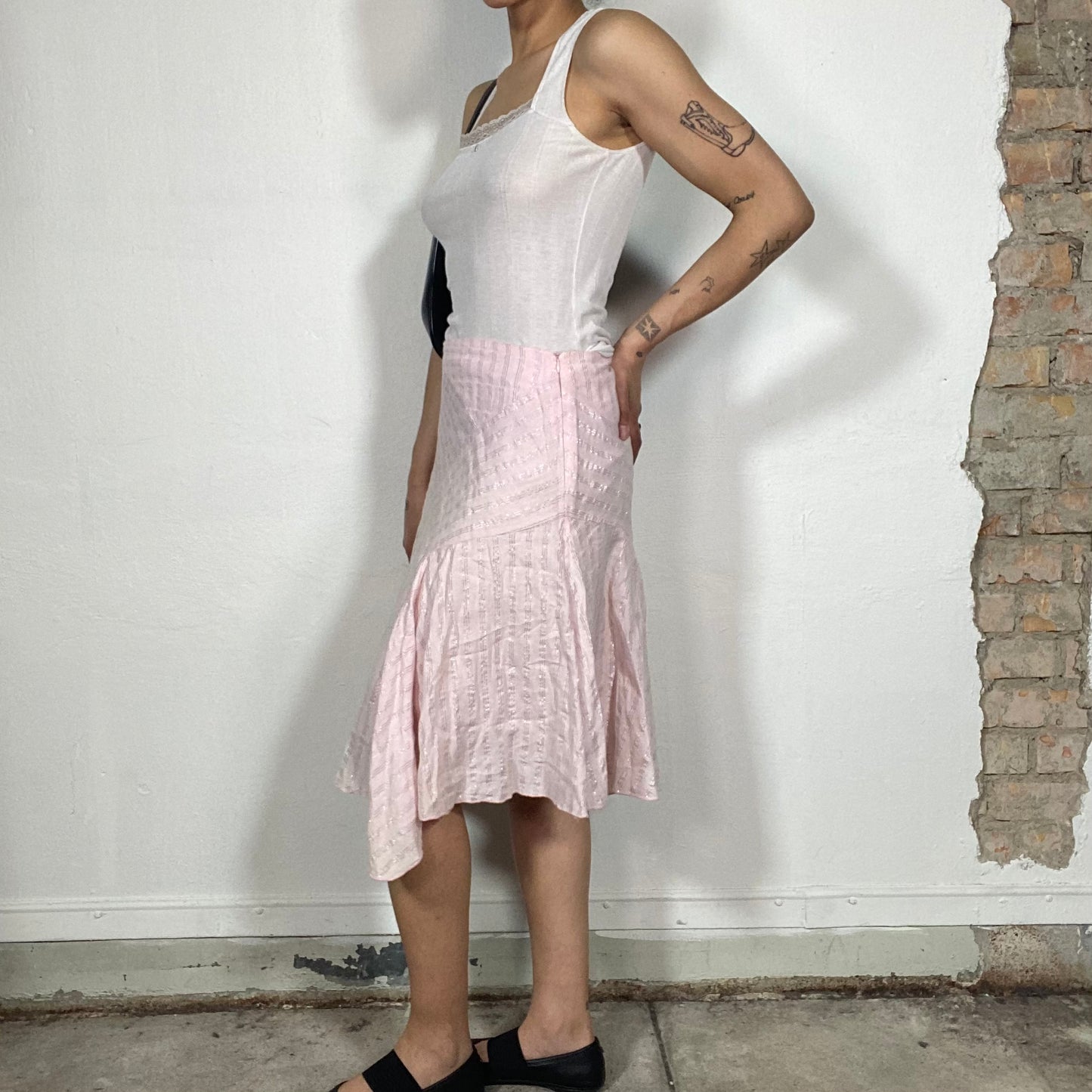 Vintage 2000's Sleaze Pink Asymmetrical Glitter Striped Midi Skirt (S/M)