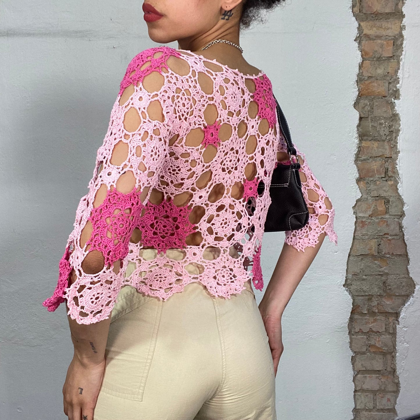 Vintage 90's Fairy Pink Floral Crochet Midi Sleeve Top (S/M)