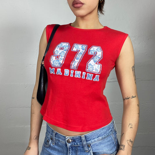 Vintage 2000's Surfer Girl Red Top with Blue Palm Tree "972 Madinina" Chest Print (S)