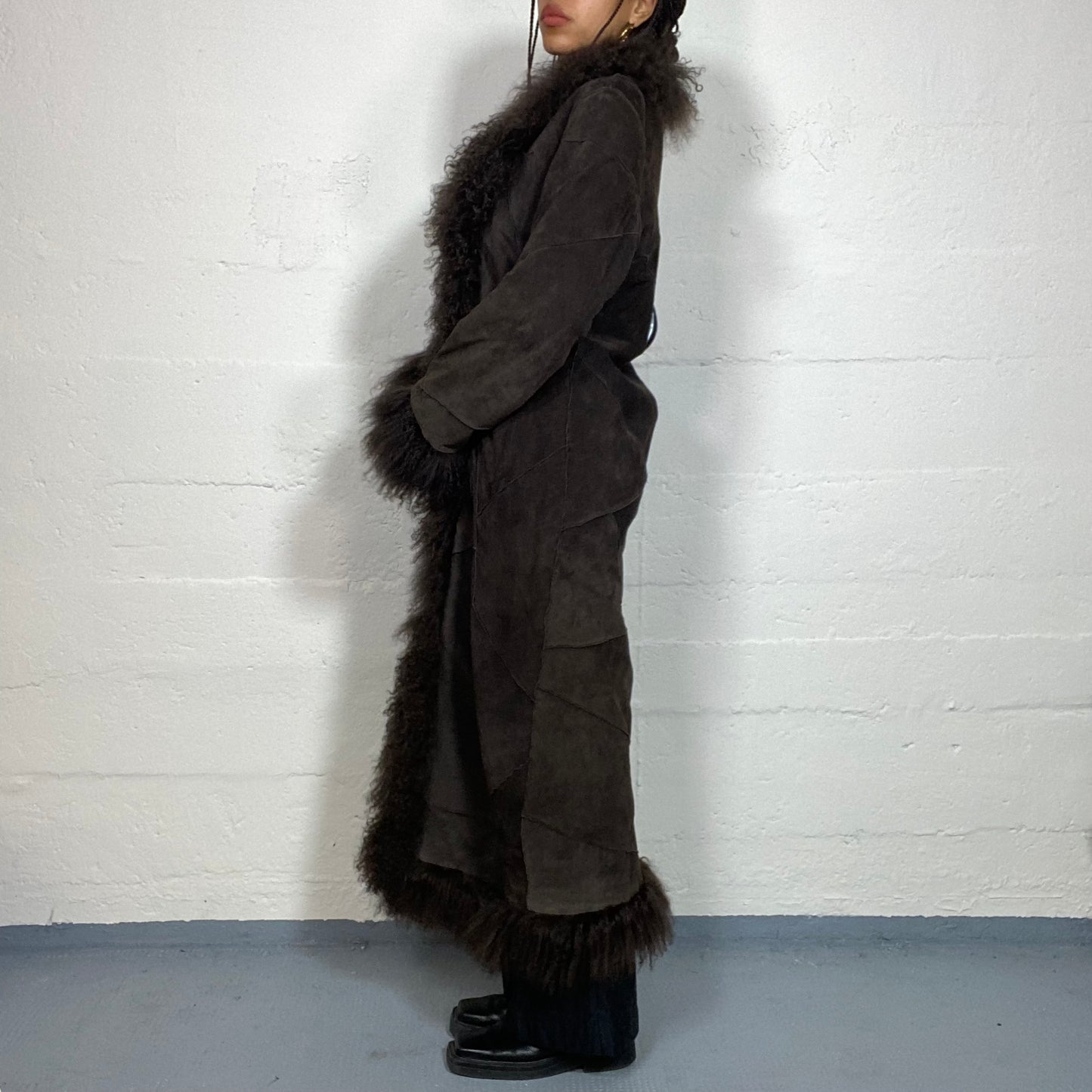 Vintage 2000's Bratz Brown Leather Long Afghan Coat with Puffy Fur Collar and Sleeve Details (S)