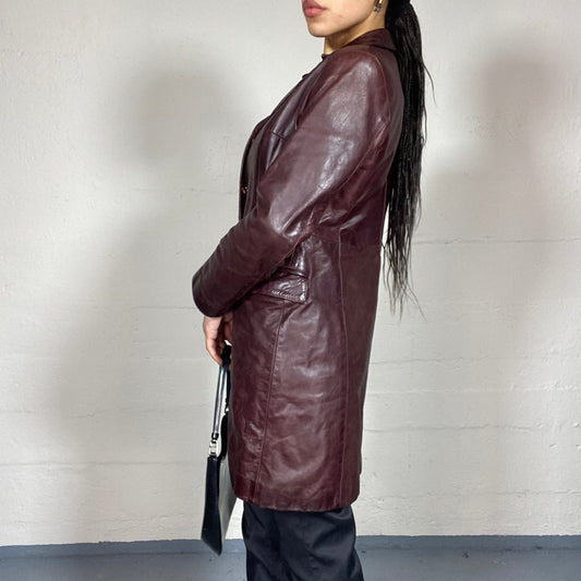 Vintage 90's Buffy The Vampire Slayer Bordeaux Long Leather Coat with Big Buttons Detail (S/M)