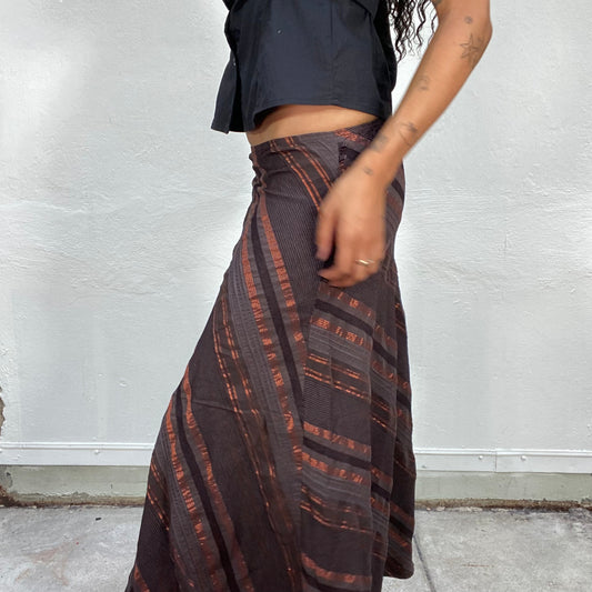 Vintage 2000's Indie Brown Maxi Skirt with Diagonal Bronze Striped Print (S)