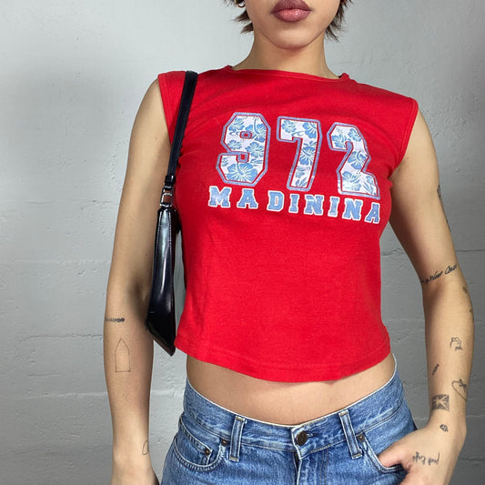 Vintage 2000's Surfer Girl Red Top with Blue Palm Tree "972 Madinina" Chest Print (S)