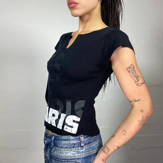 Vintage 2000's Sporty Black Top with "Paris" Print Detail (S)