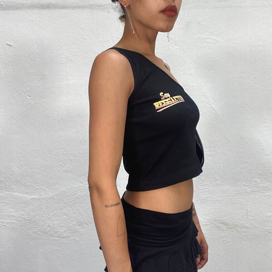 Vintage 2000's Clubwear One Shoulder Black Top with "Sexy Reggaeton" Print (S)