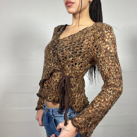 Vintage 2000's Whimsigoth Brown Knit Cardigan with Wrapped Lace Up (S)