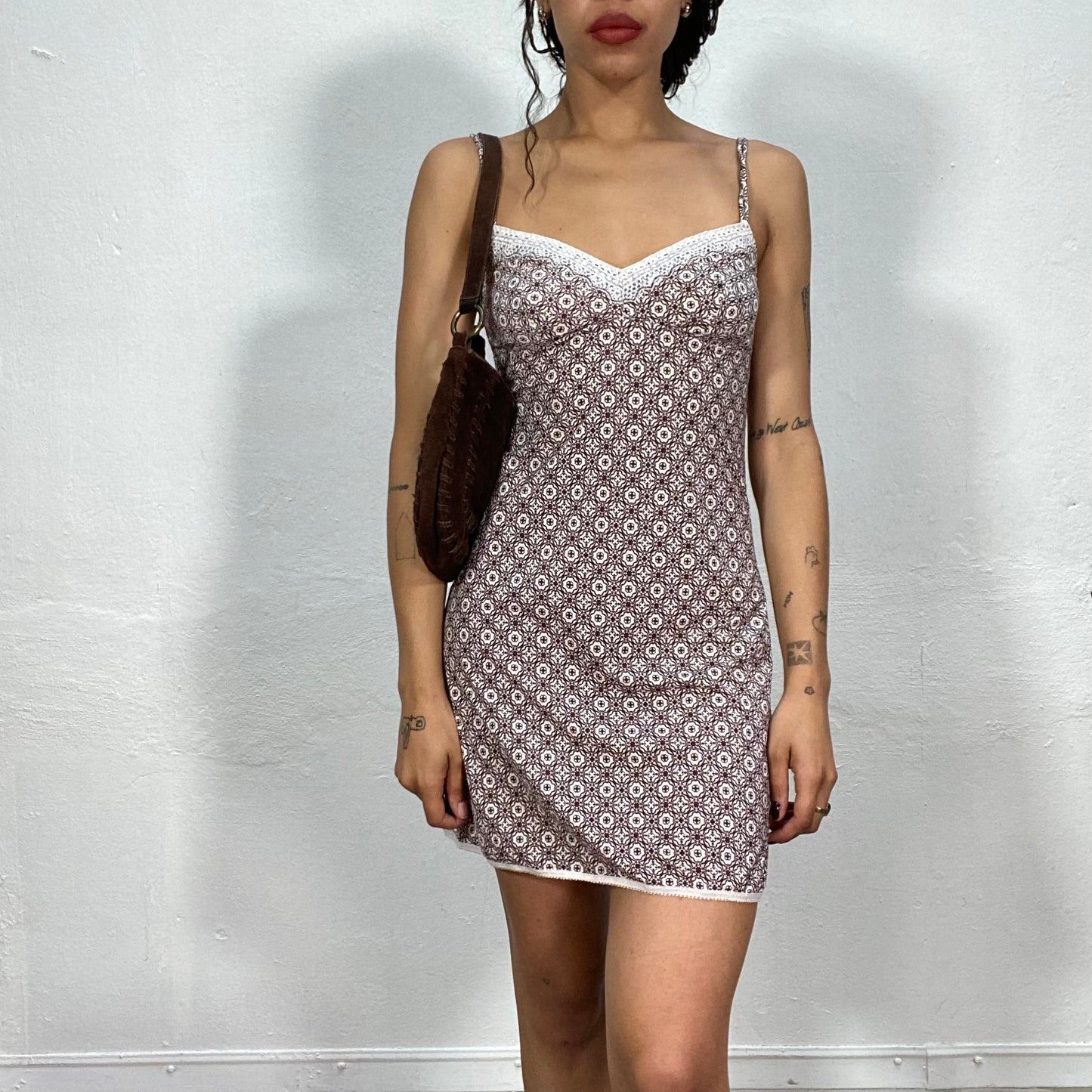 Vintage 90's Indie Brown Cami Dress with Mosaic Pattern (S)