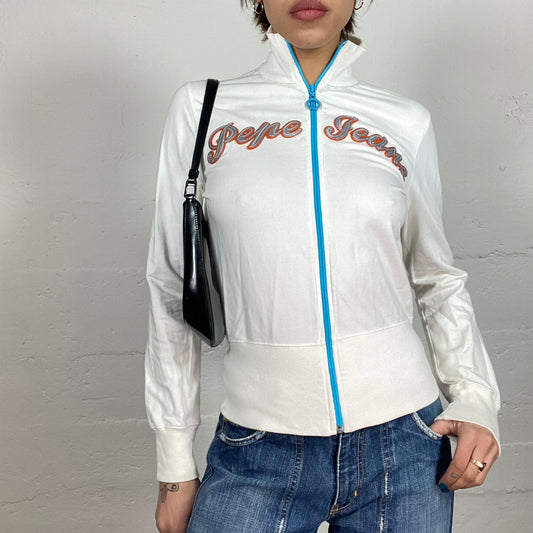 Vintage 2000's Pepe Jeans Sporty White Zip Up Sweater with Brand Name Print (S)