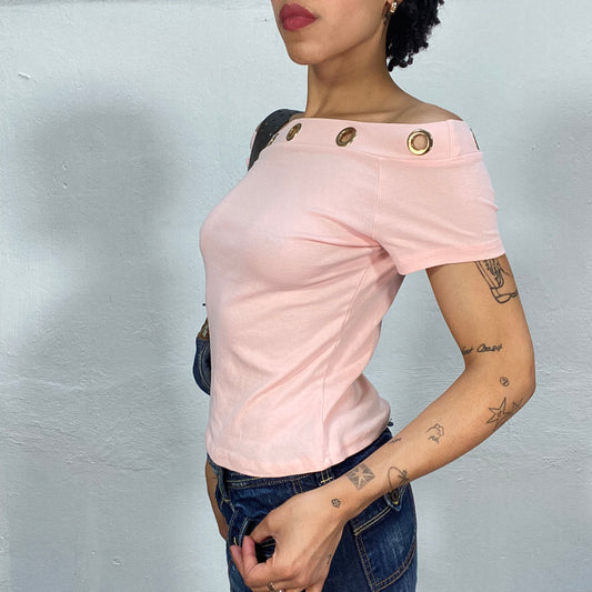 Vintage 2000's Baby Pink Off Shoulder Top with Big Eyelet Details (S)
