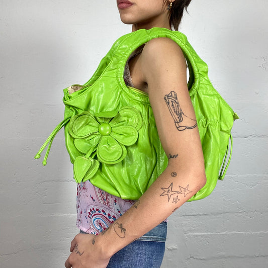 Vintage 2000's Girl-Pop Green Maxi Shoulder Bag with Flower Work Detail
