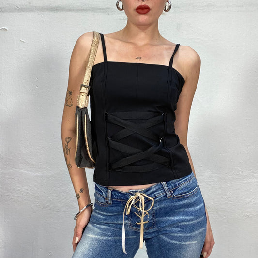 Vintage 90's Grunge Black Top with Lace Up Detail (S)