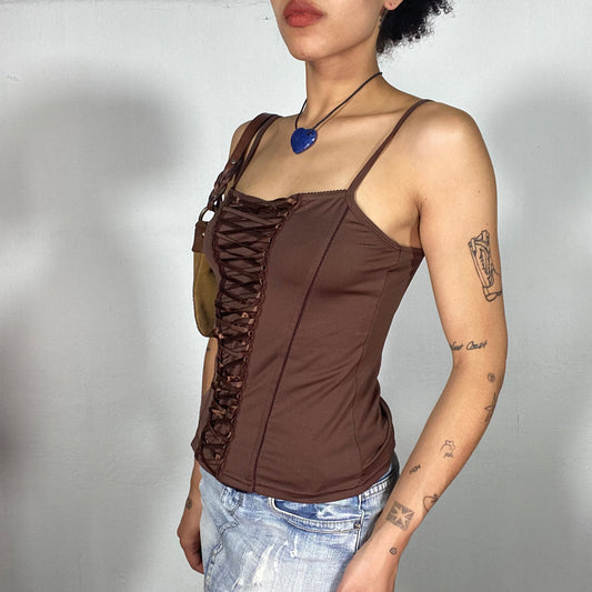 Vintage 90's Coquette Brown Corset Cami Top with Lace Up Detail (S)