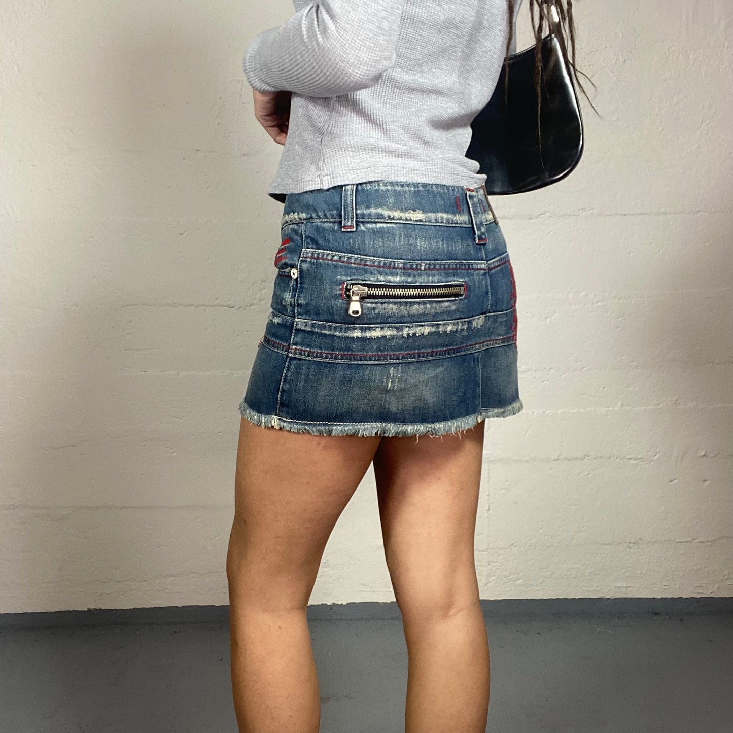 Vintage 2000's Downtown Girl Denim Mini Skirt with Patched Double Skirt and Visible Red Seam Detail (S)