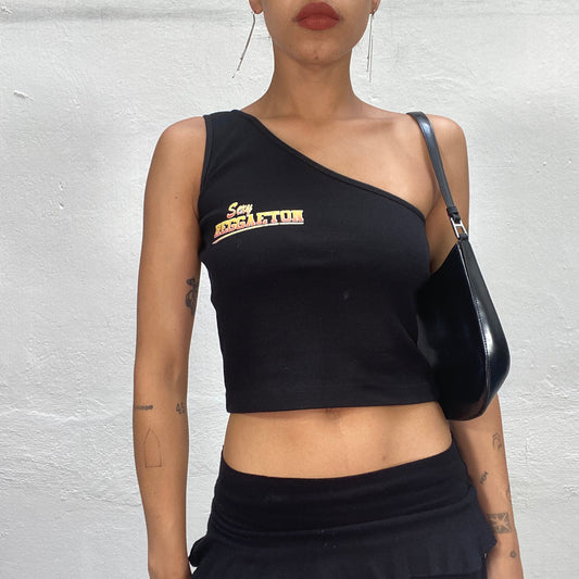 Vintage 2000's Clubwear One Shoulder Black Top with "Sexy Reggaeton" Print (S)