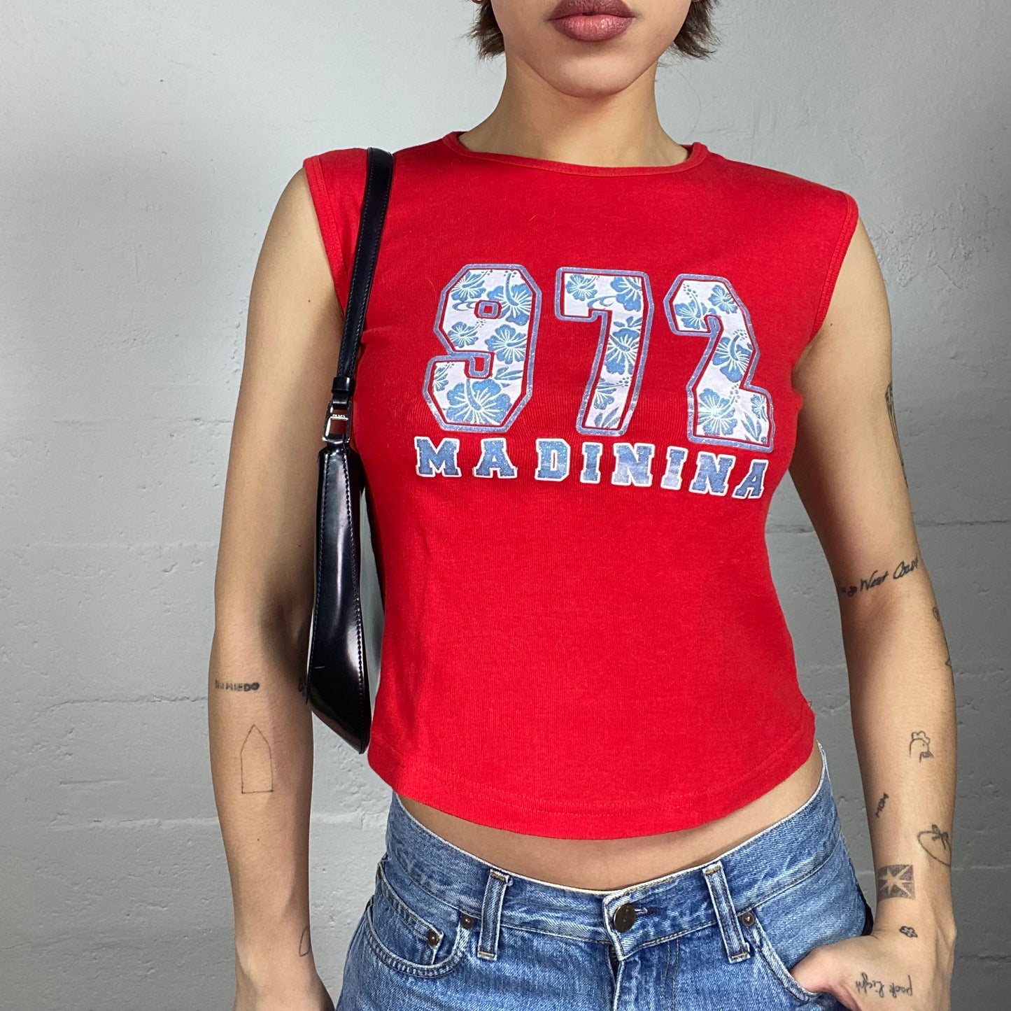 Vintage 2000's Surfer Girl Red Top with Blue Palm Tree "972 Madinina" Chest Print (S)