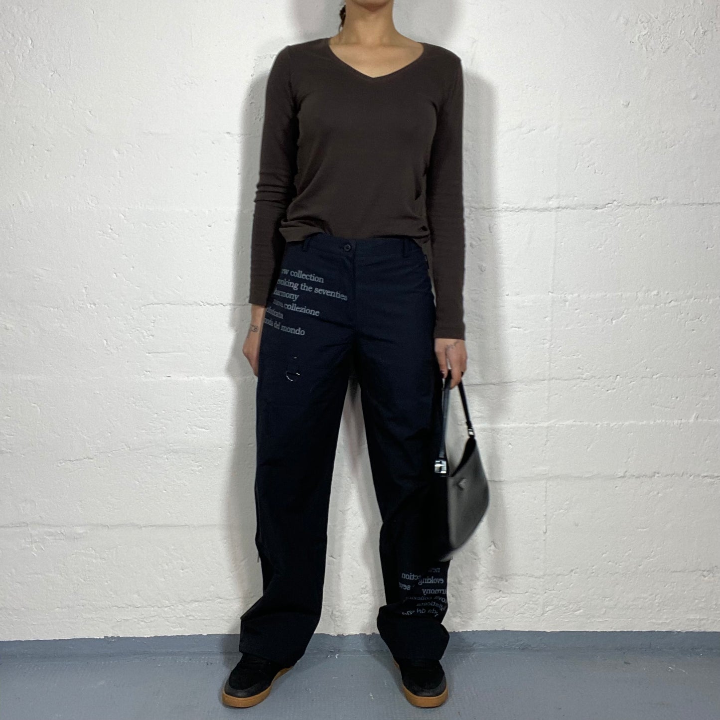 Vintage 2000's Cyber Grey Cargo Pants with Industrial Text Lettering Detail (S/M)