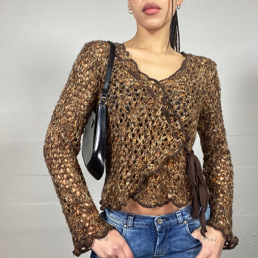 Vintage 2000's Whimsigoth Brown Knit Cardigan with Wrapped Lace Up (S)