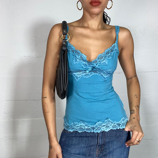 Vintage 90's Coquette Aqua Blue Top with Lace Trim Detail (S)