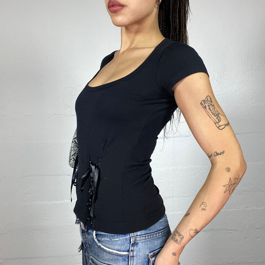 Vintage 2000's Coquette Black Top with Black Satin Lace Up Ribbon Detail (S)
