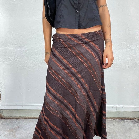 Vintage 2000's Indie Brown Maxi Skirt with Diagonal Bronze Striped Print (S)