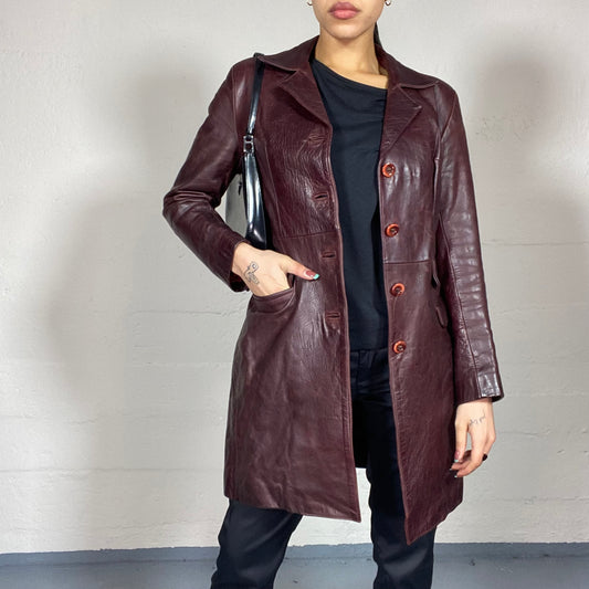 Vintage 90's Buffy The Vampire Slayer Bordeaux Long Leather Coat with Big Buttons Detail (S/M)