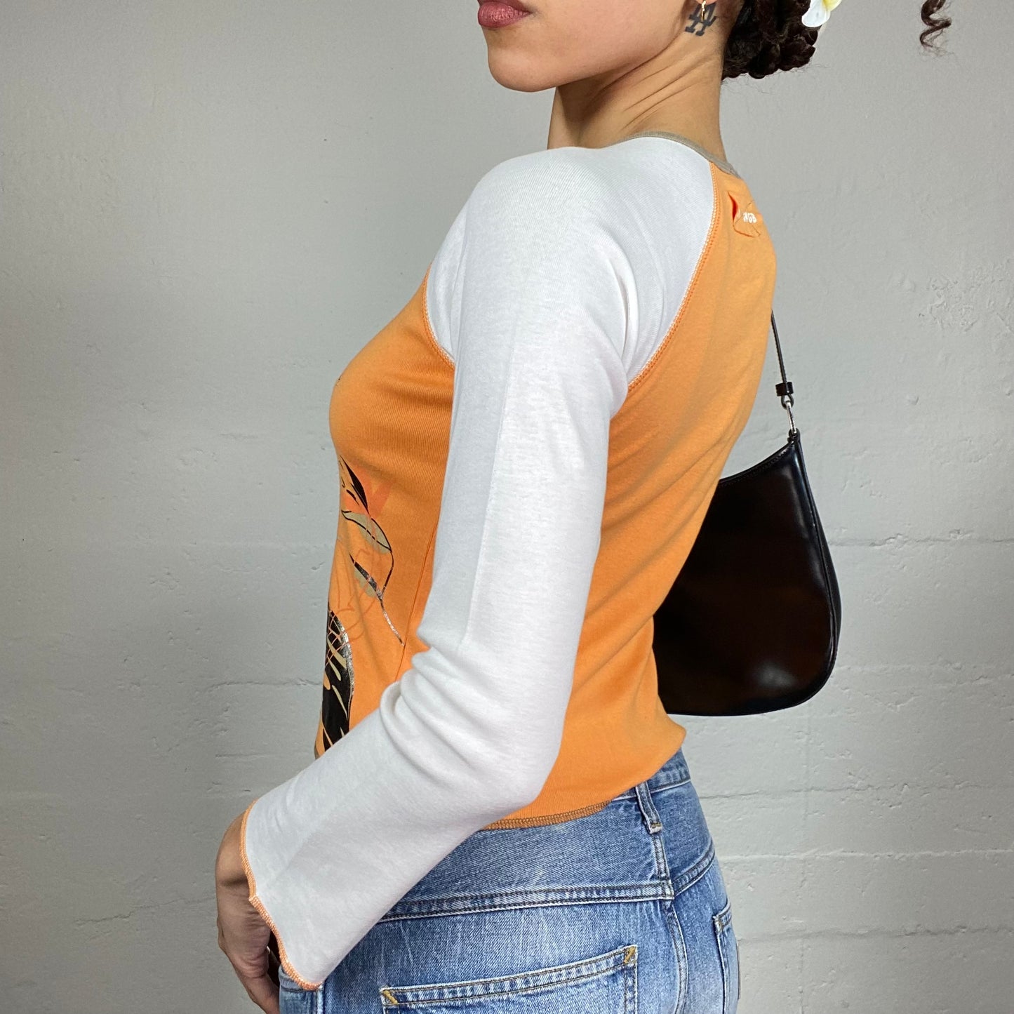 Vintage 2000's Downtown Girl Orange Longsleeve Top with Leafs "Jungle Babe" Print (S)