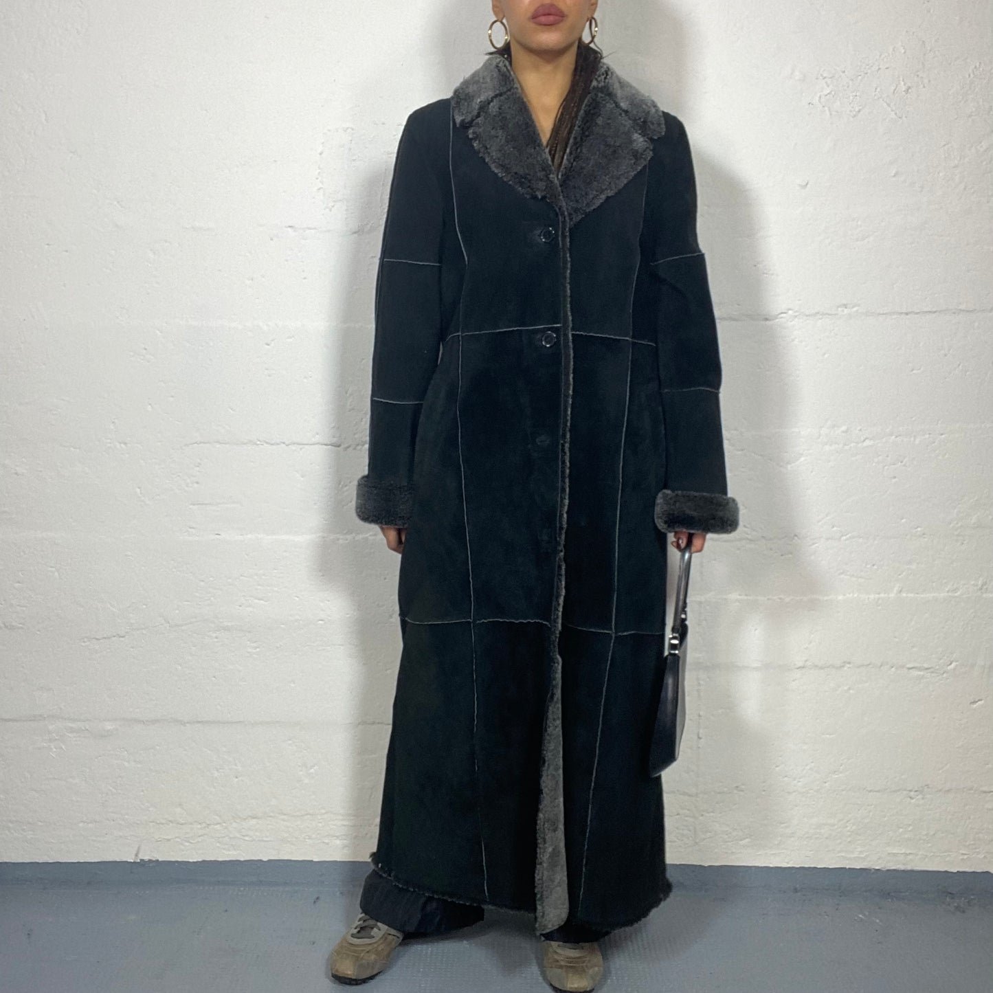 Vintage 2000's Bratz Black Leather Long Afghan Coat with Fur Collar and Sleeve Details (M)