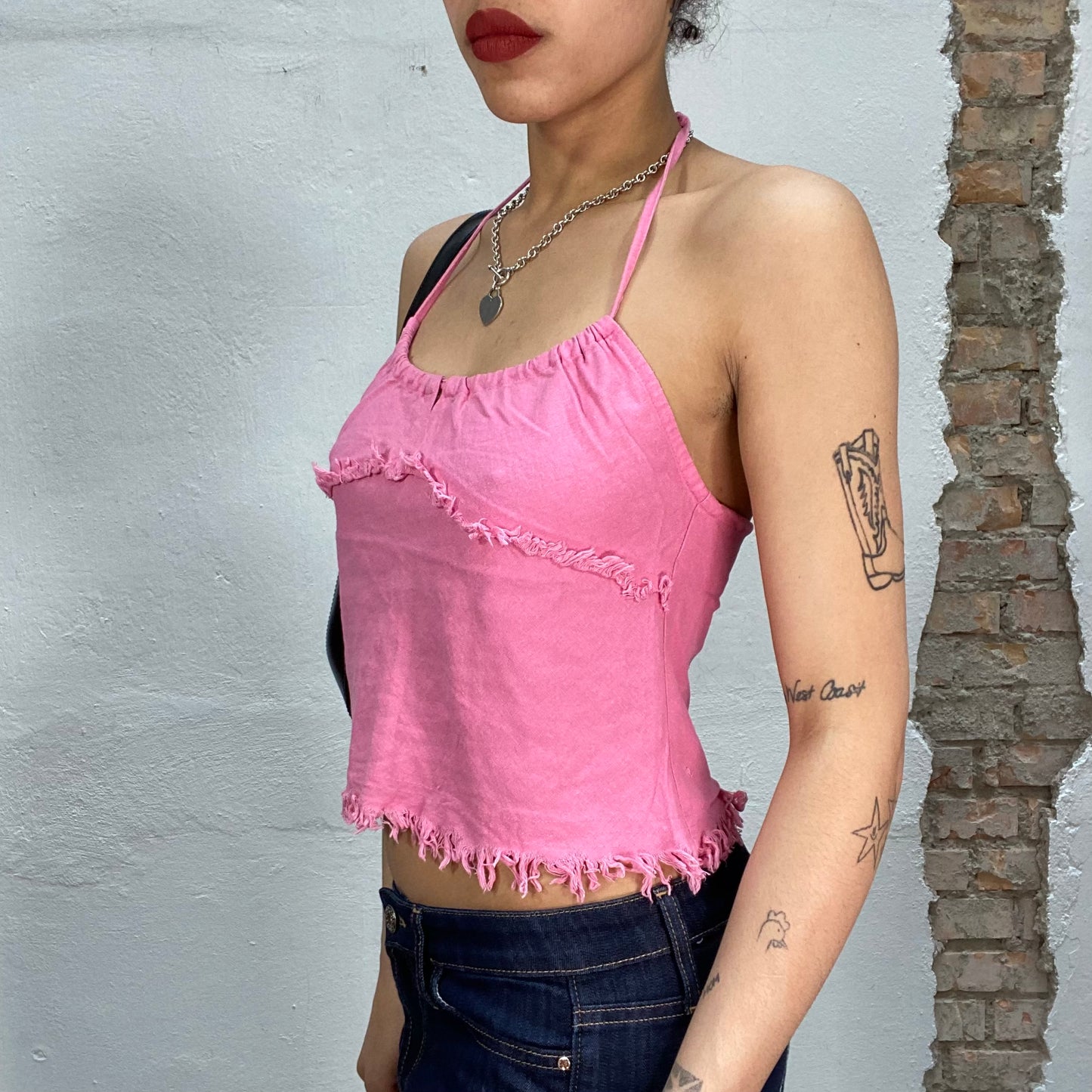 Vintage 2000's Surfer Pink Halter Neck Top with Fringe Details (S)