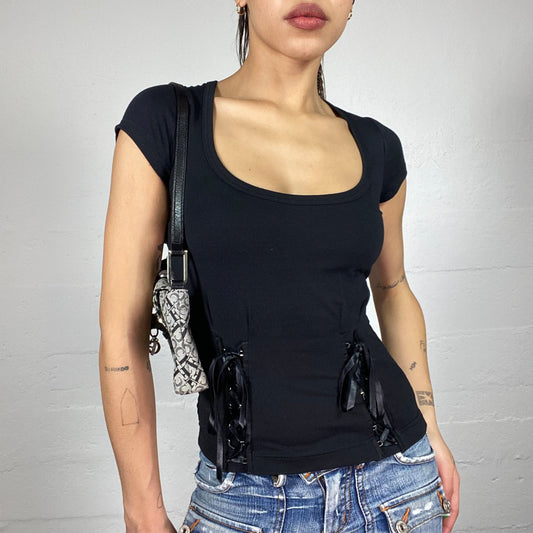 Vintage 2000's Coquette Black Top with Black Satin Lace Up Ribbon Detail (S)