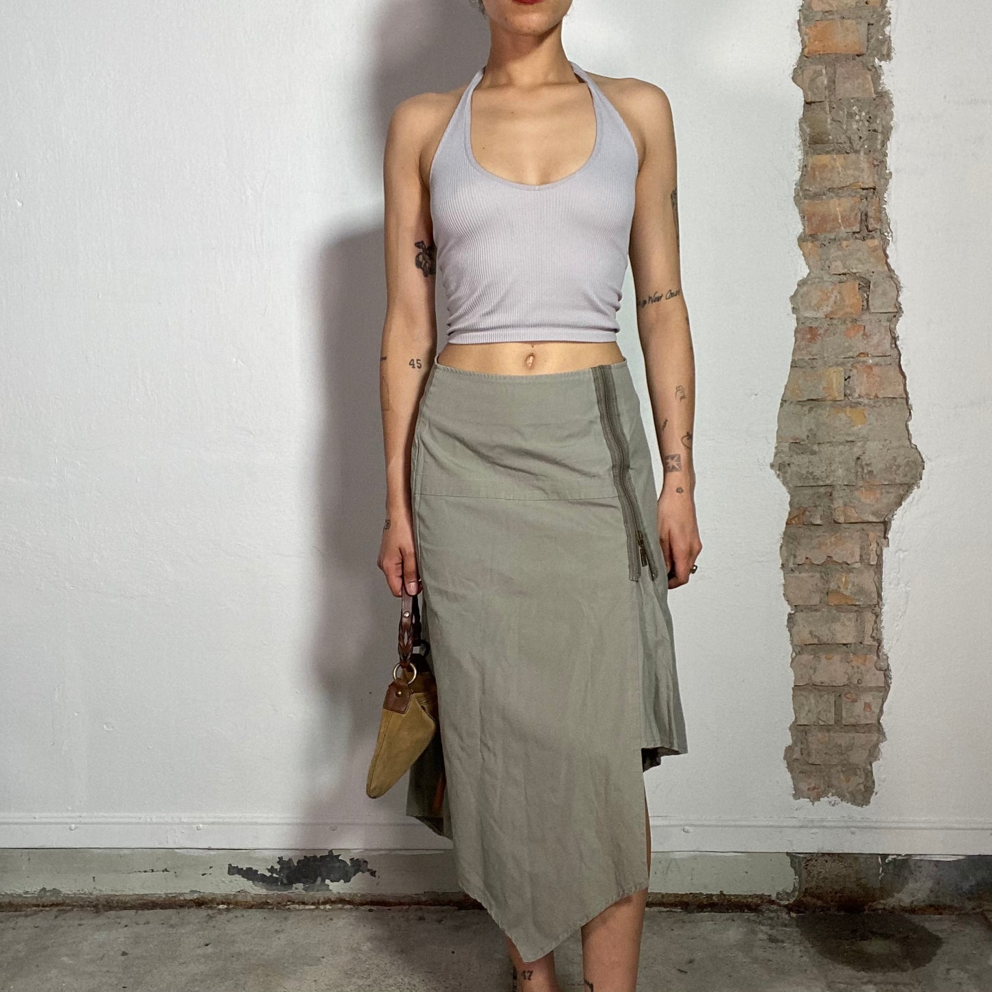 Vintage 90's Grunge Khaki Maxi Skirt with Zipper Detail (S)