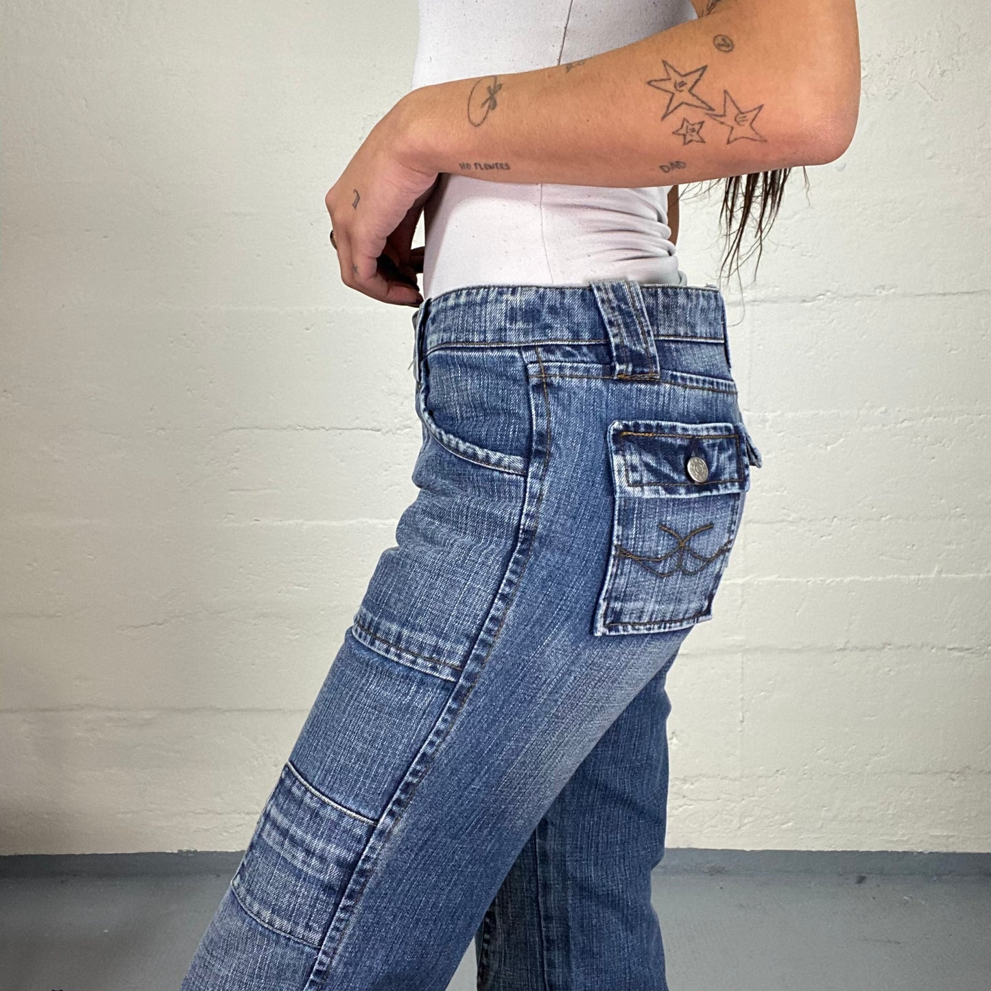 Vintage 2000's Downtown Girl Denim Low Waist Cargo Pants with Patches Detail (S)