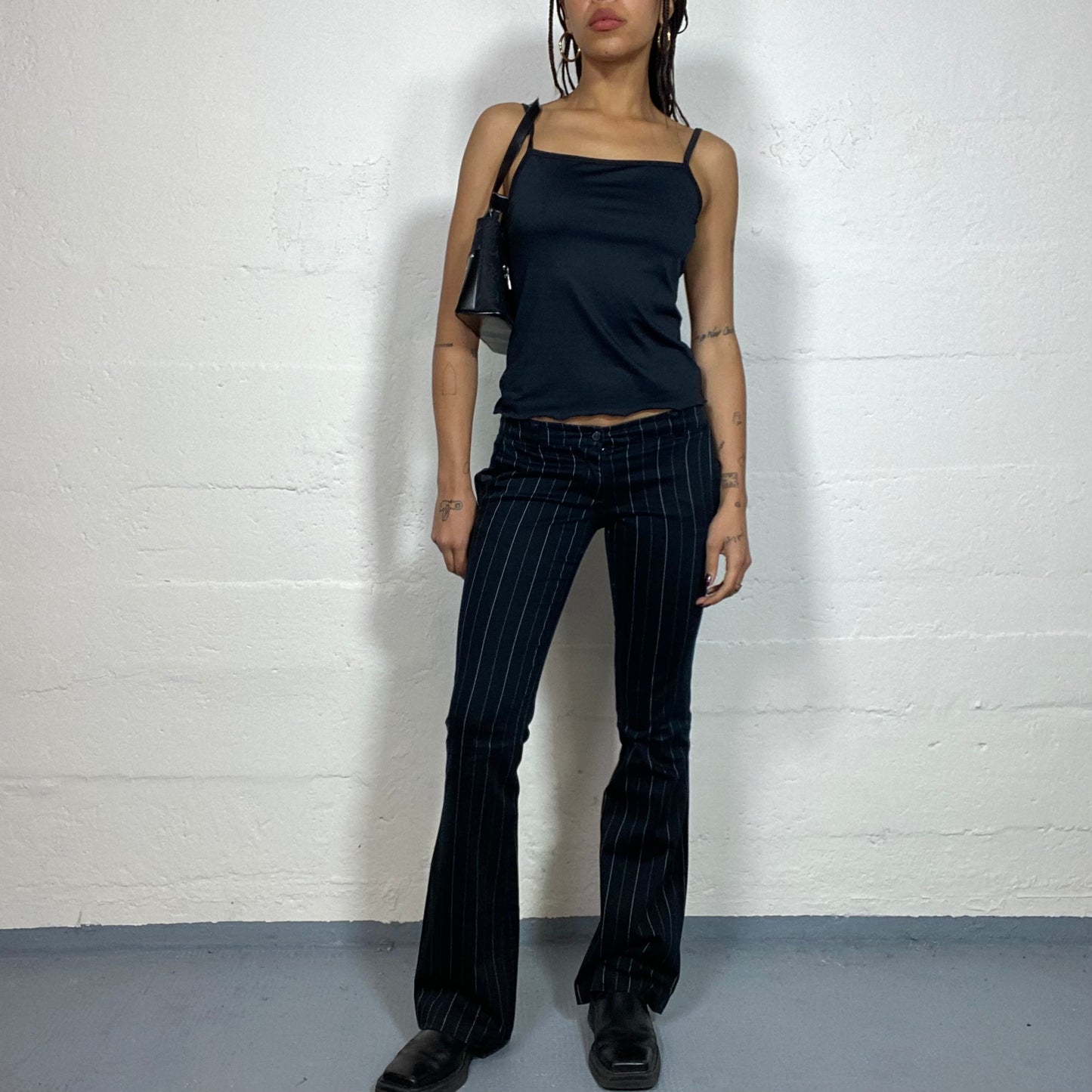 Vintage 2000's Model Off Duty Black Flared Office Pants with Wide Fair Pinestripes Print (XS)