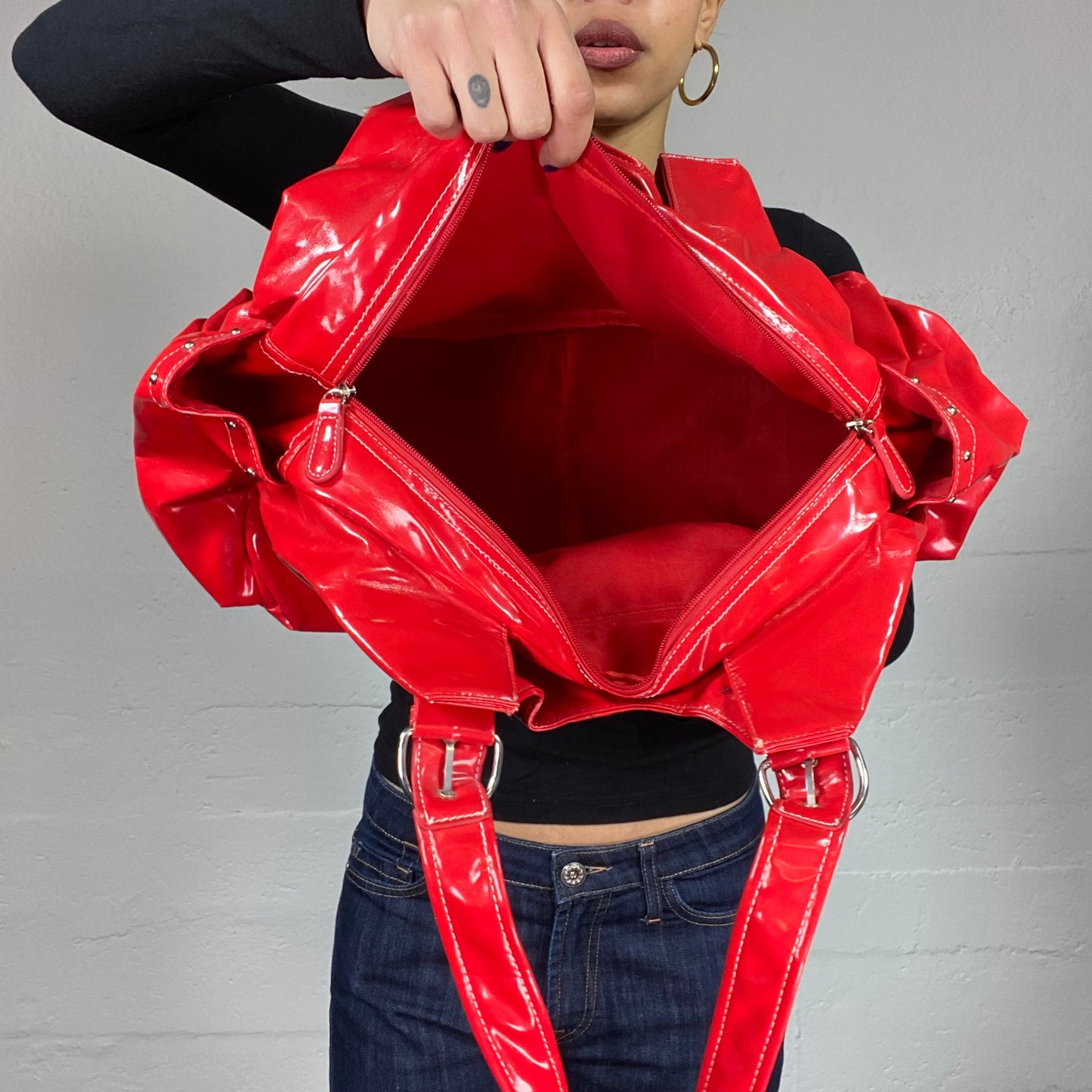 Vintage 2000's Bright Red Vinyl Shoulder Bag with Big Studed Pockets Detail