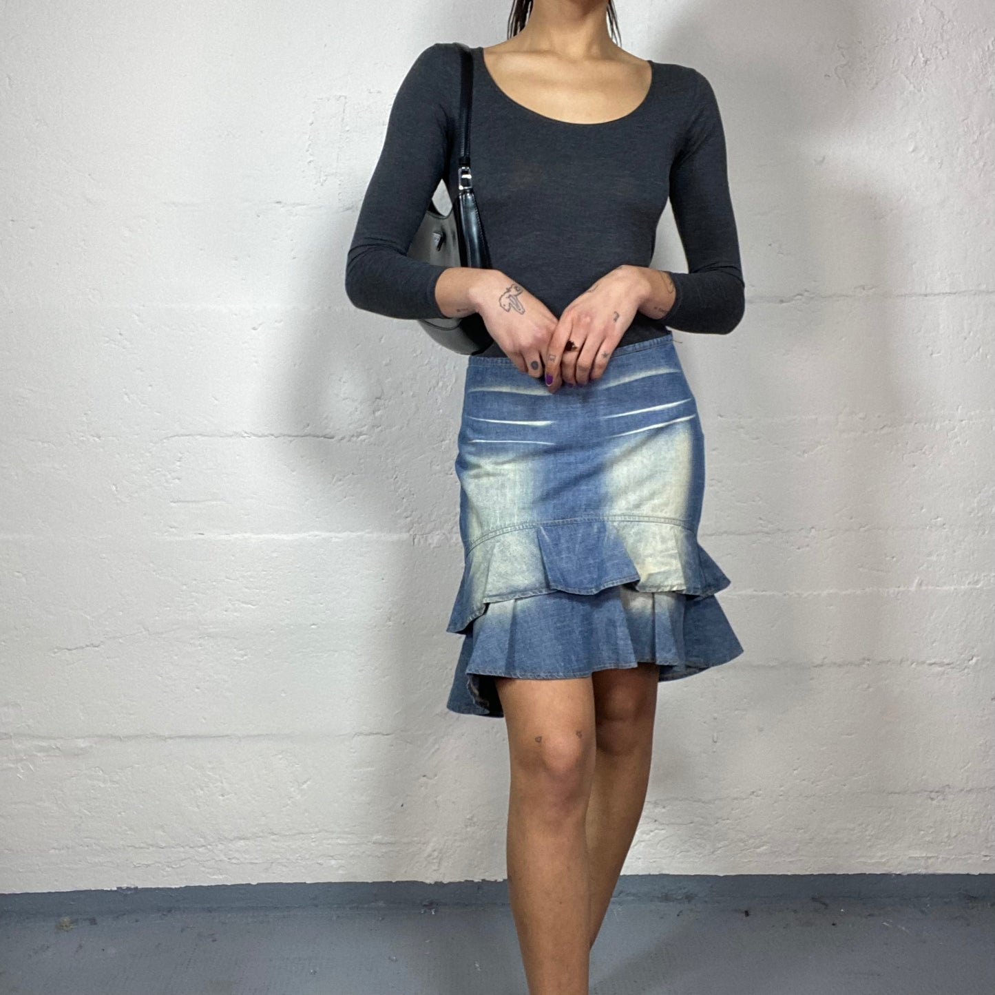 Vintage 90's Archive Denim Frilled Midi Skirt (S/M)