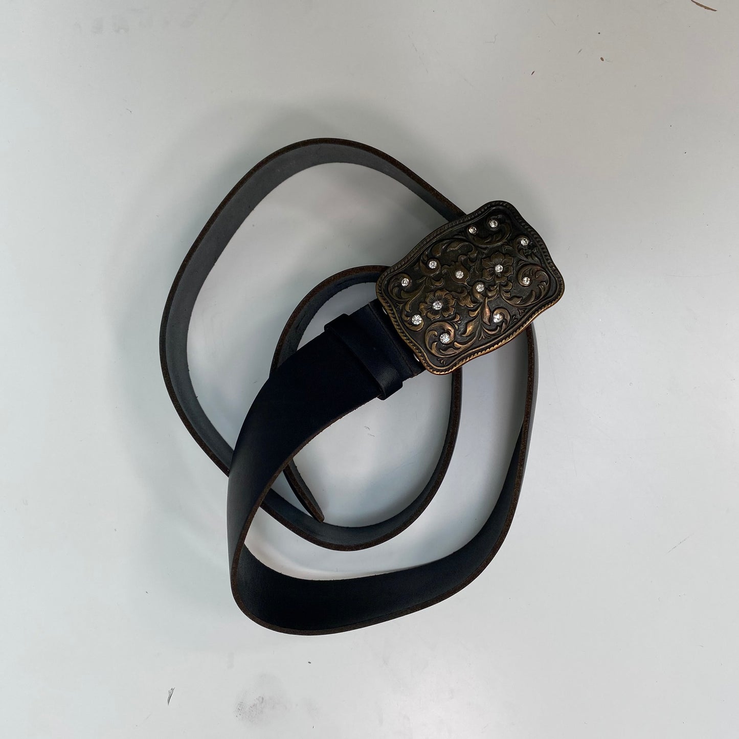 Vintage 2000's Western Brown Leather Belt with Bras Flower Print Buckle