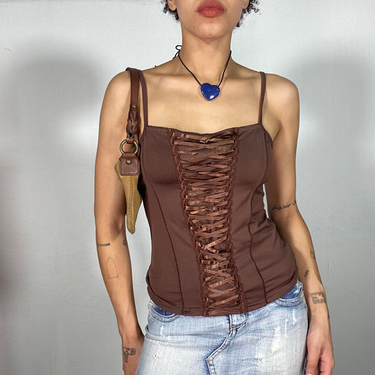 Vintage 90's Coquette Brown Corset Cami Top with Lace Up Detail (S)